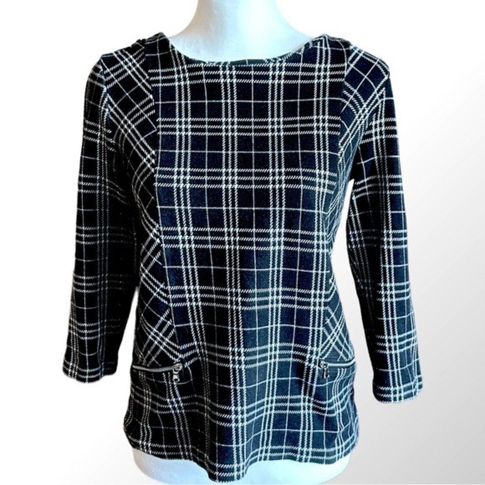 Talbots Plaid Knit Top Womens S Black White 3/4 Sleeve Zipper Pockets
